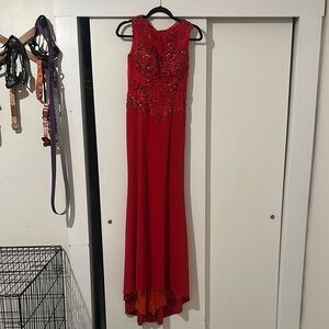Red Embellished High Low Gown with Halter Neckline for Prom